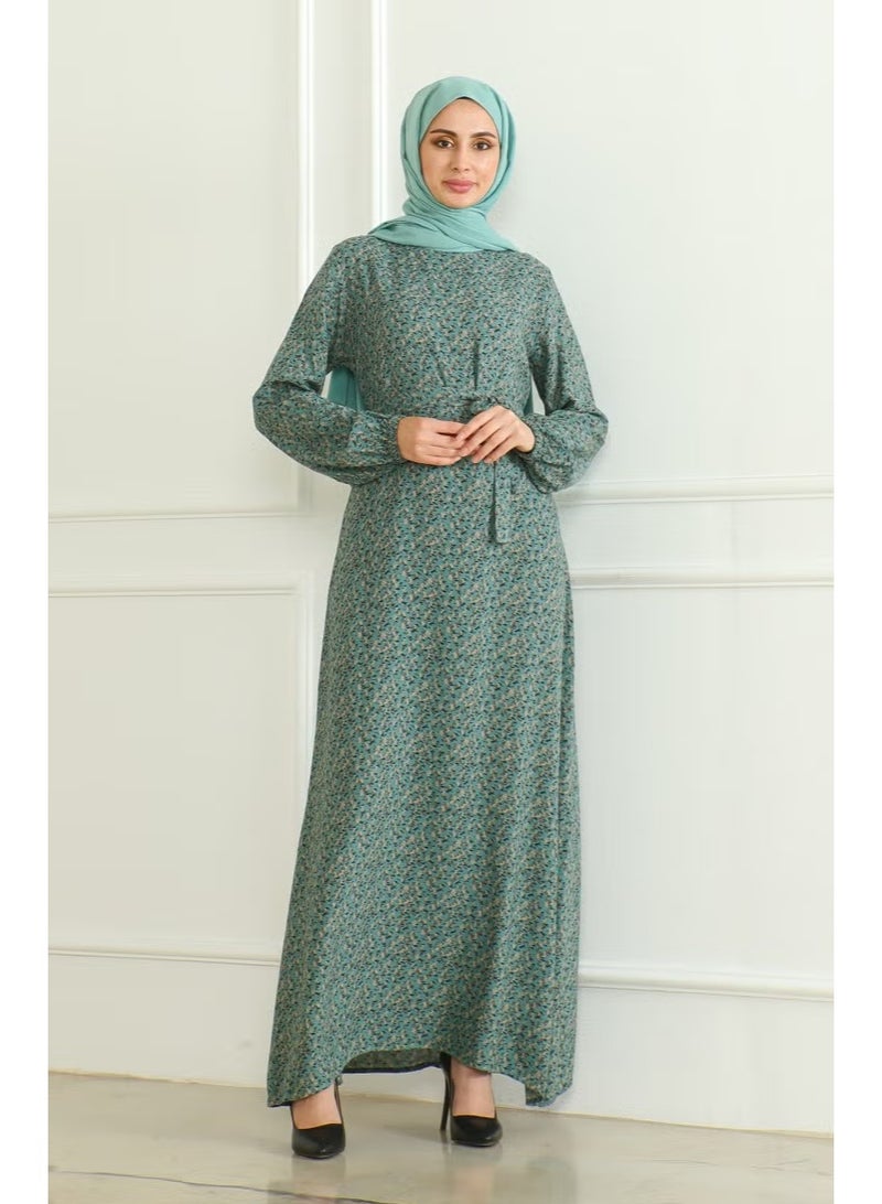 Sefa Merve Women's Patterned Belted Viscose Dress - Almond Green - Image 1
